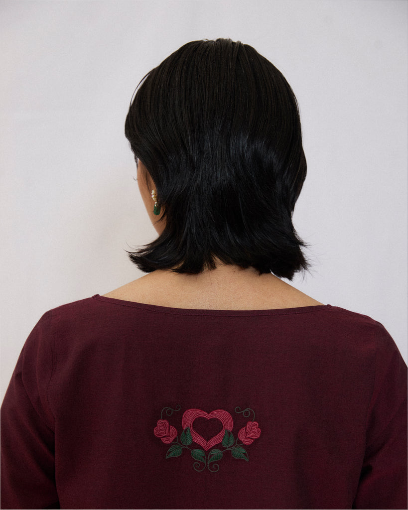 Maroon hand embroidered tunic with contrasting dupatta