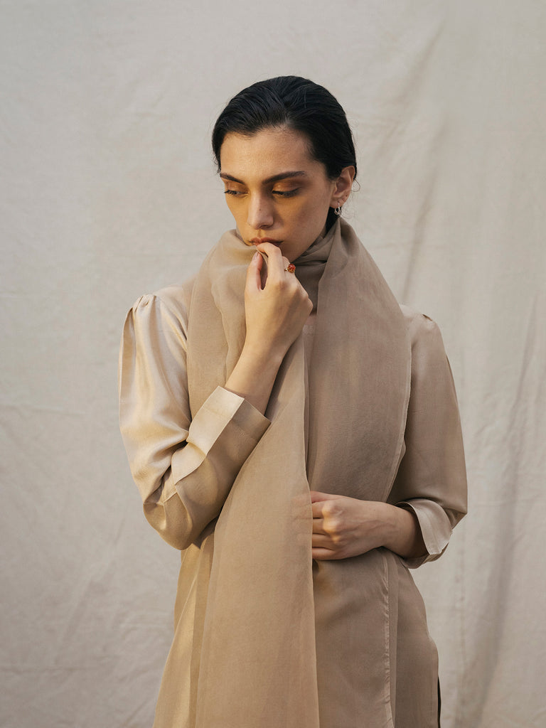 MONOTONE PURE RAW SILK ENSEMBLE IN SANDY NUDE