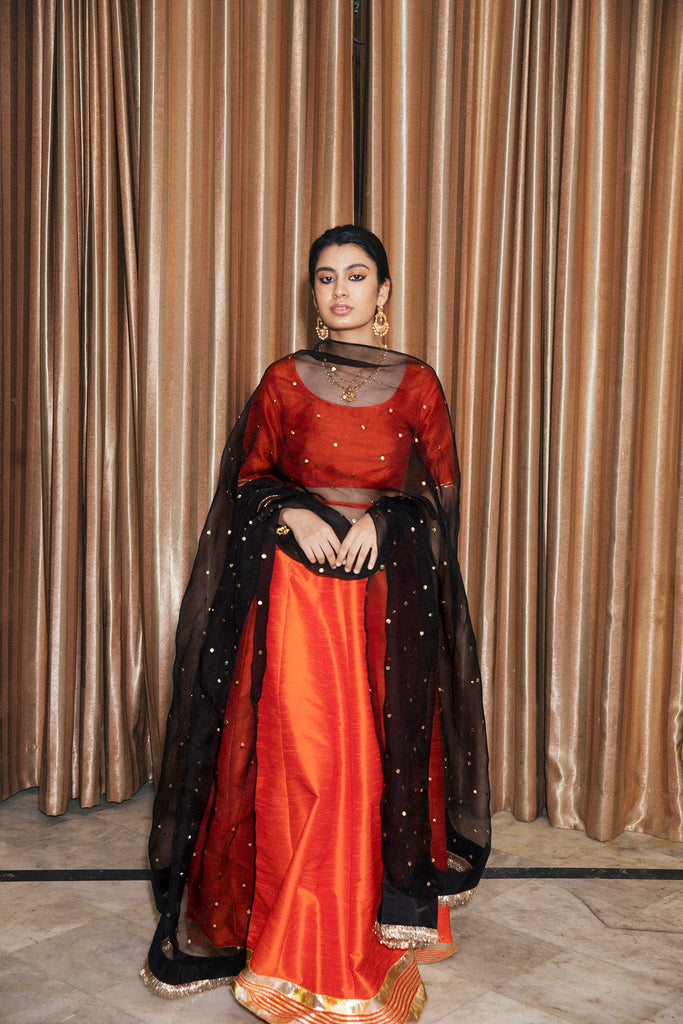 String Malta Lehnga Choli with contrasting Mukesh dupatta