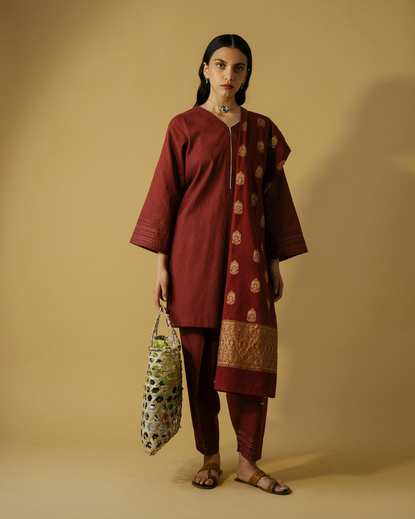 Kurta shalwar and dupatta with gold tilla detailing